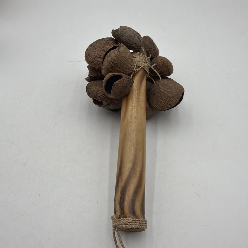 Vintage Natural Seed Pod Rattle Shaker Wooden Handle Percussion Instrument Folk